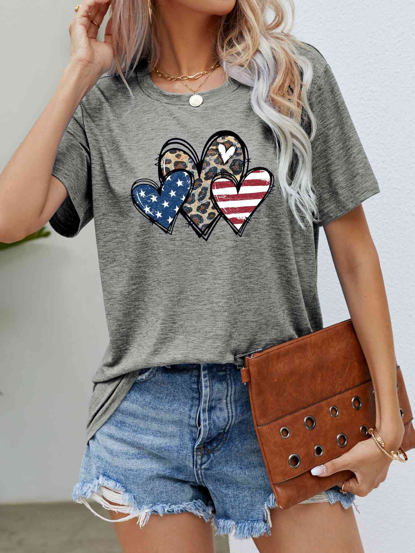 US Flag Leopard Heart Graphic Tee Mid Gray S 