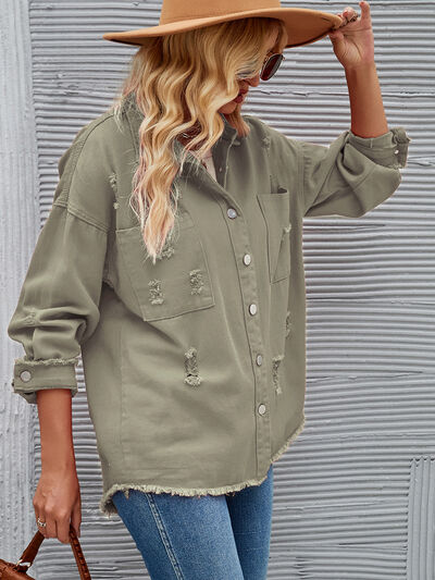 Distressed Raw Hem Button Up Denim Jacket   