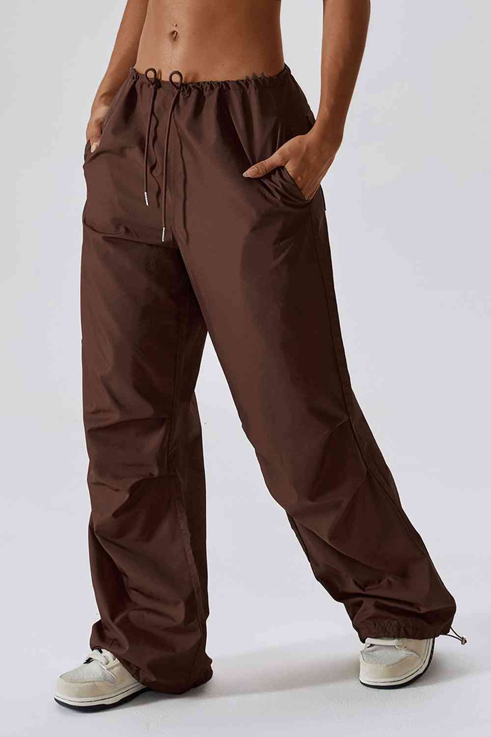 Long Loose Fit Pocketed Sports Pants Chocolate S 