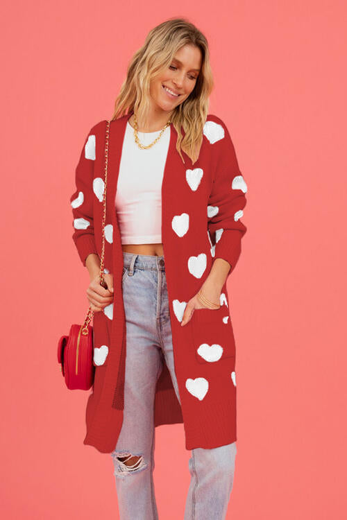 Heart Graphic Open Front Cardigan with Pockets Red S 