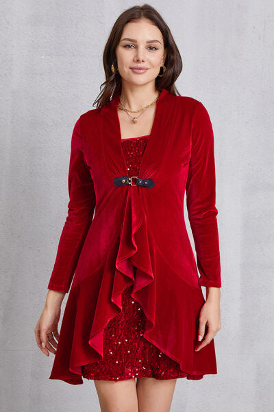 Sequin Ruffle Hem Long Sleeve Mini Dress Deep Red S 