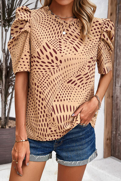 Tied Printed Puff Sleeve Blouse Tan S 