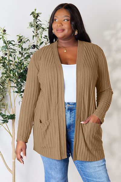 Basic Bae Full Size Ribbed Open Front Cardigan with Pockets Tan S 