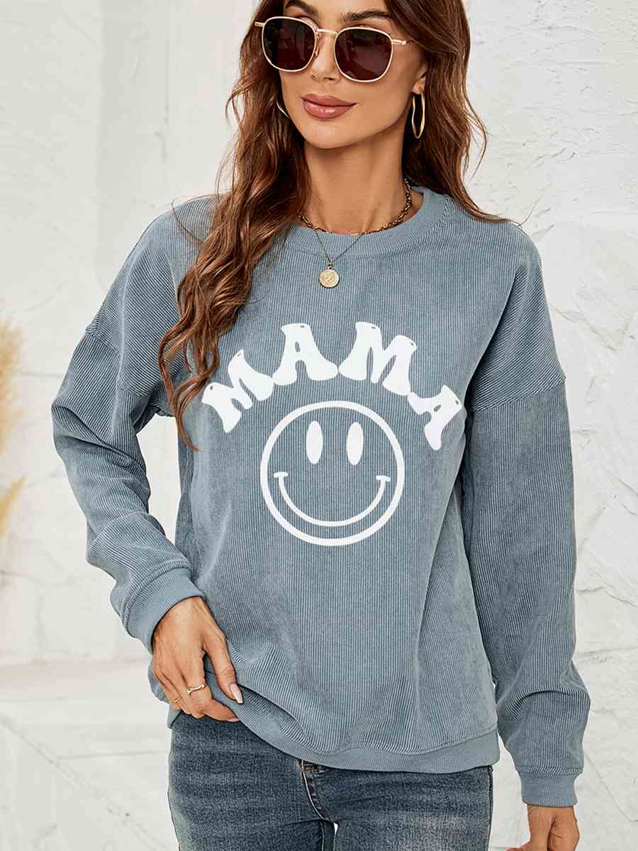 Round Neck Long Sleeve MAMA Graphic Sweatshirt French Blue S 