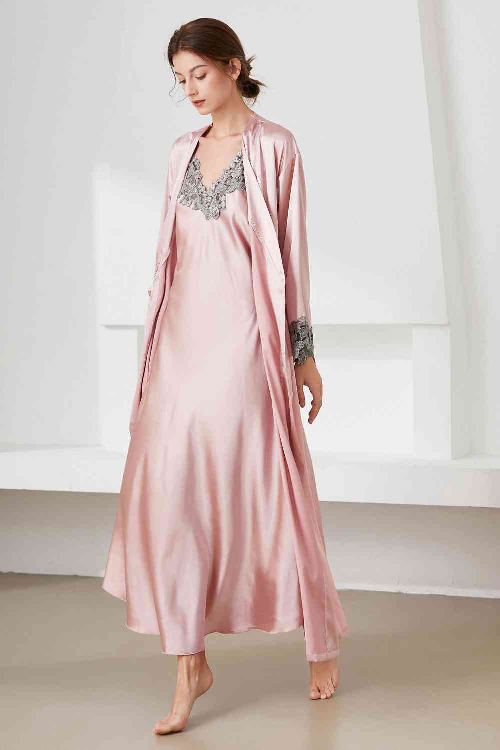 Contrast Lace Trim Satin Night Dress and Robe Set   