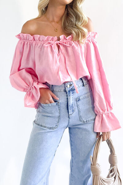 Drawstring Off-Shoulder Flounce Sleeve Blouse   