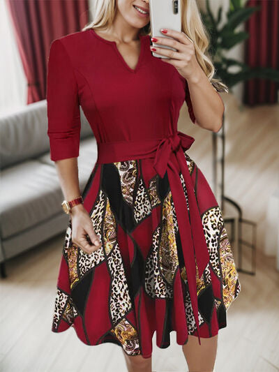 Plus Size Printed Tie Front Notched Long Sleeve Dress Scarlet 1XL 