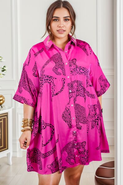 Plus Size Tiger Printed Button Up Half Sleeve Dress Hot Pink 1X 