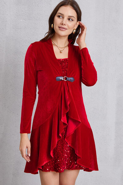 Sequin Ruffle Hem Long Sleeve Mini Dress   