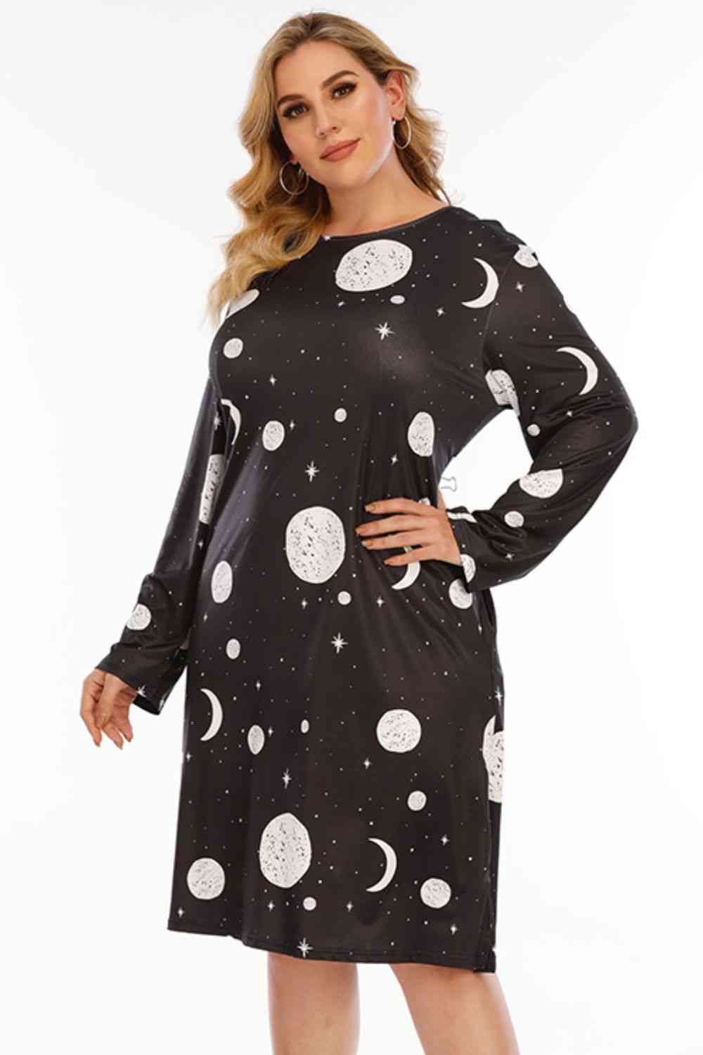 Plus Size Moon & Star Print Round Neck Dress Black 0XL 
