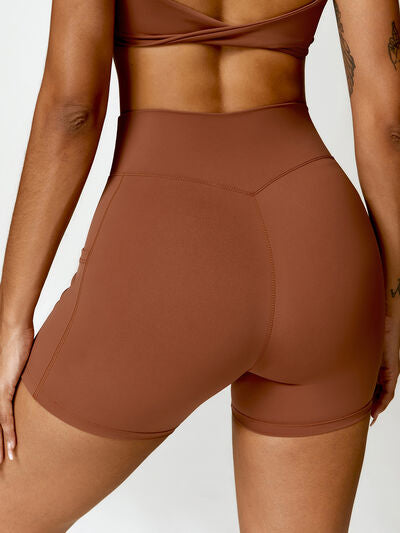 Twisted High Waist Active Shorts with Pockets   
