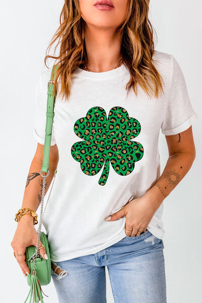 Lucky Clover Round Neck Short Sleeve T-Shirt White S 