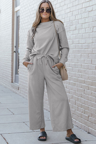Double Take Full Size Textured Long Sleeve Top and Drawstring Pants Set Light Gray S 