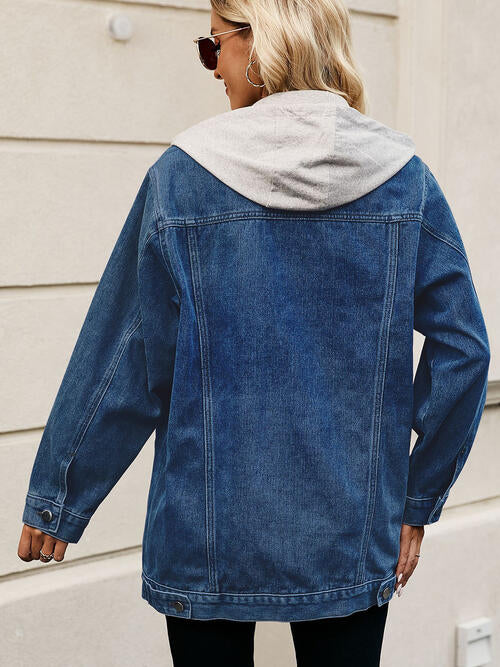 Drawstring Button Up Hooded Denim Jacket   