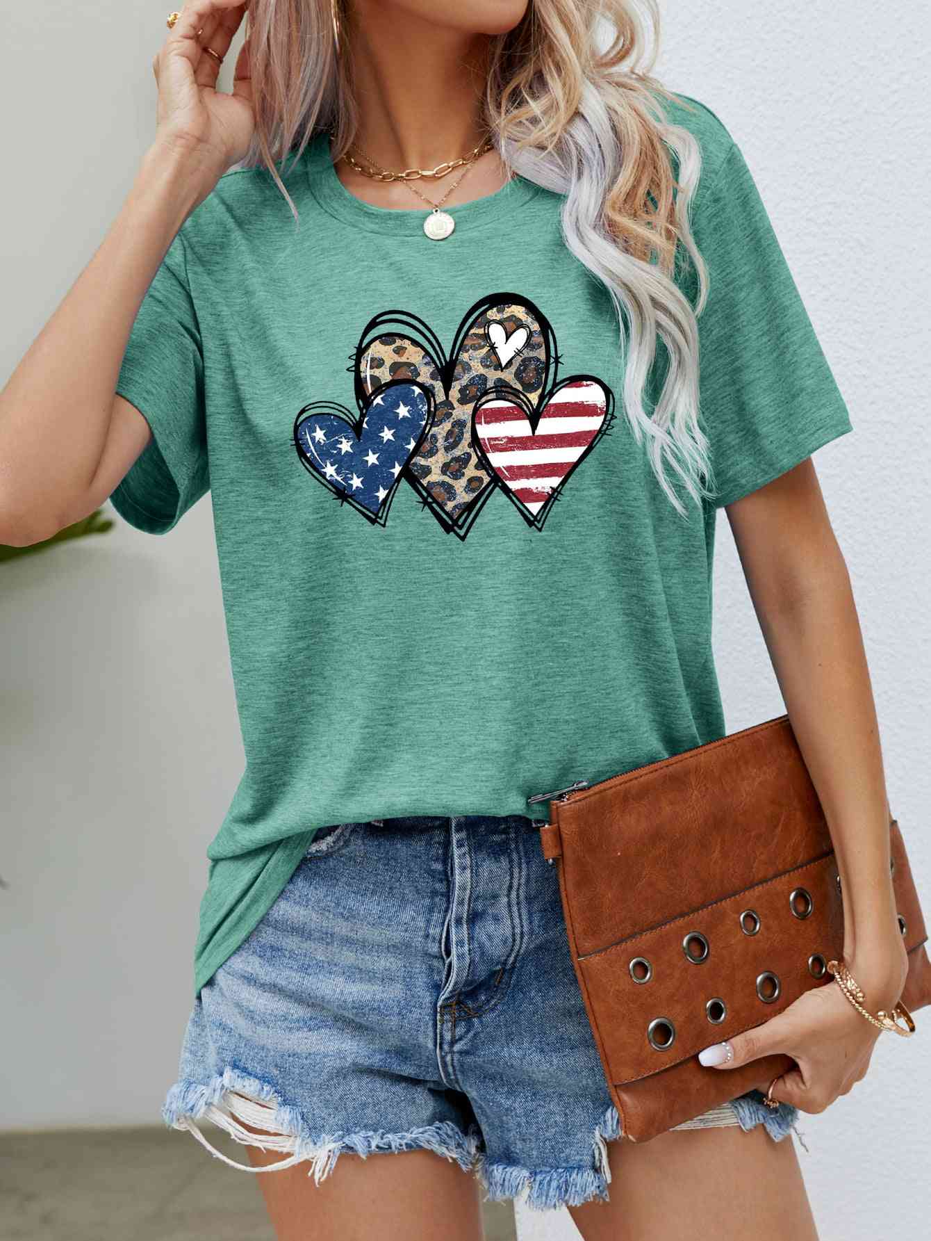 US Flag Leopard Heart Graphic Tee Gum Leaf S 