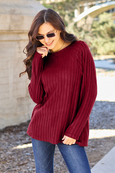 Basic Bae Full Size Ribbed Round Neck Long Sleeve Knit Top Scarlet S 