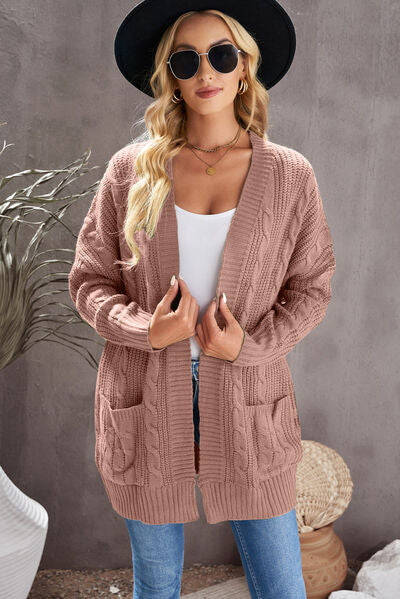 Cable-Knit Open Front Dropped Shoulder Cardigan   