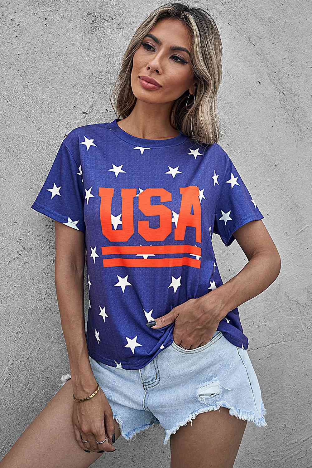 USA Star Print Round Neck T-Shirt Light Indigo S 