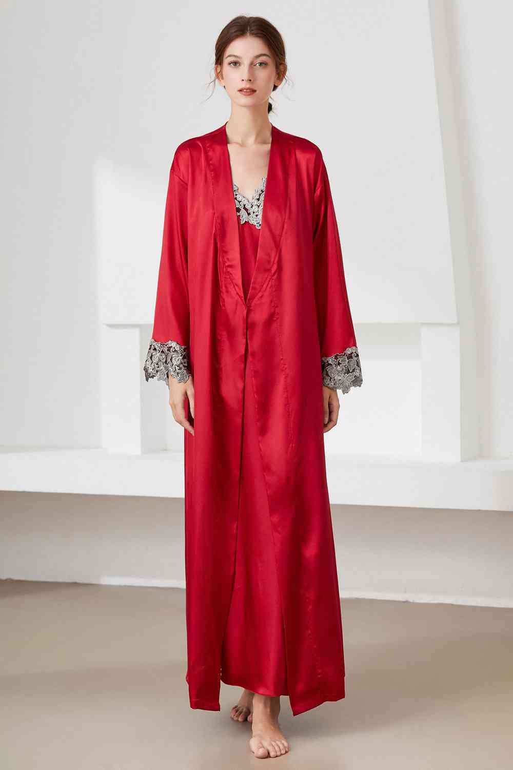 Contrast Lace Trim Satin Night Dress and Robe Set Red M 