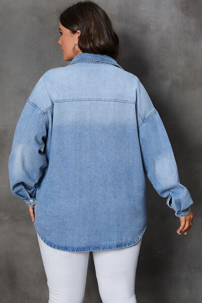 Plus Size Button Up Pocketed Denim Top   