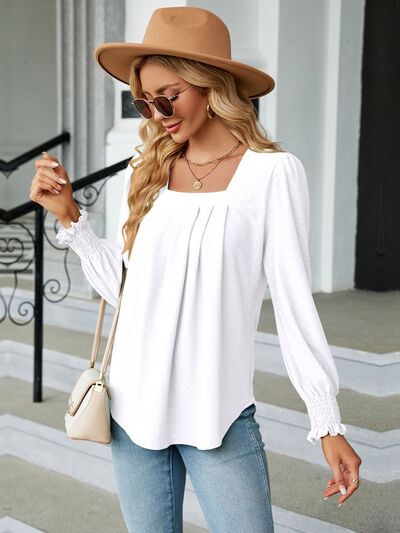 Ruched Square Neck Lantern Sleeve Blouse White S 