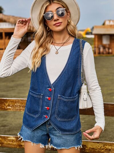 Pocketed Button Up Sleeveless Denim Jacket Navy S 