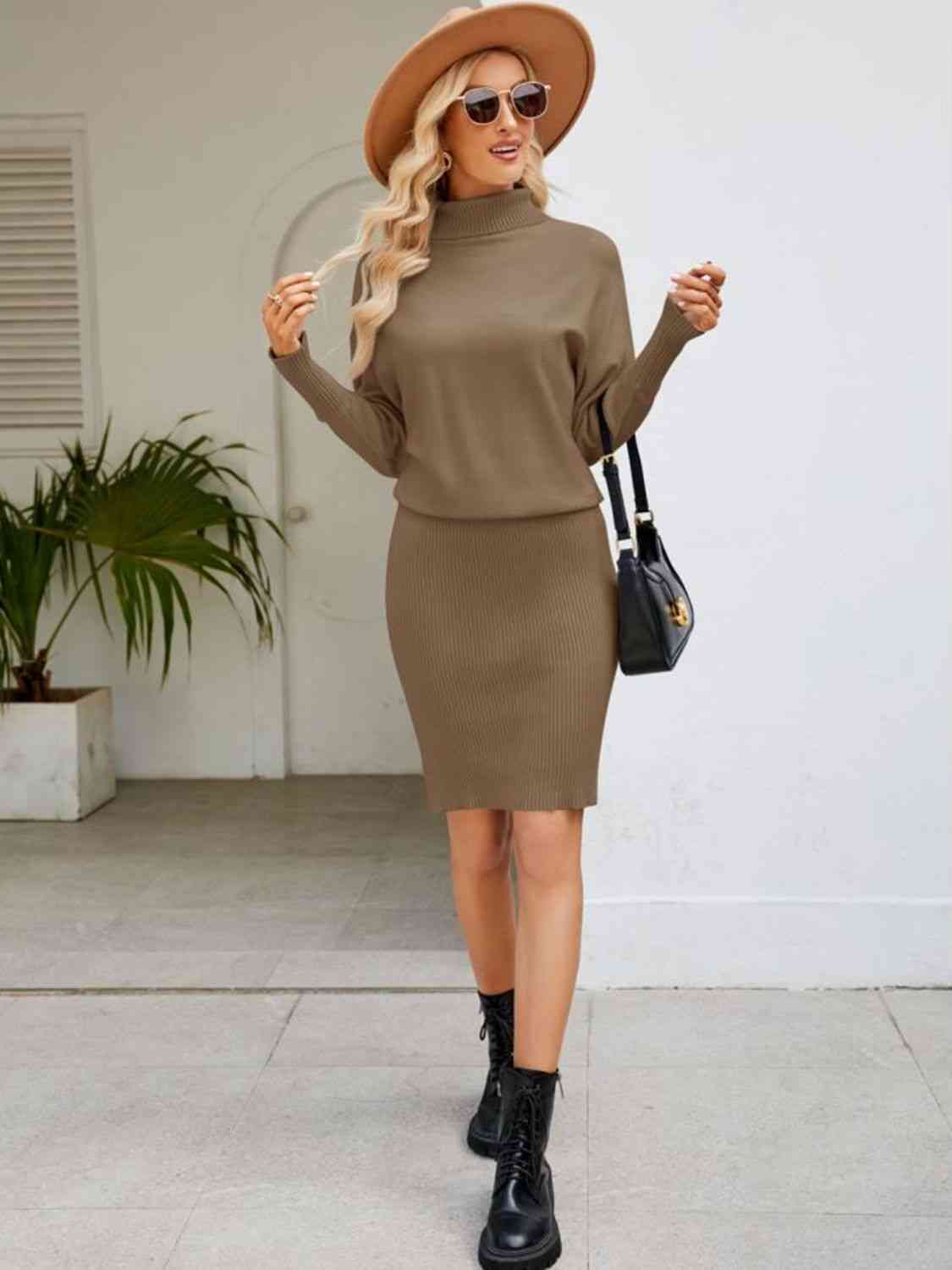 Turtle Neck Long Sleeve Ribbed Sweater Dress   