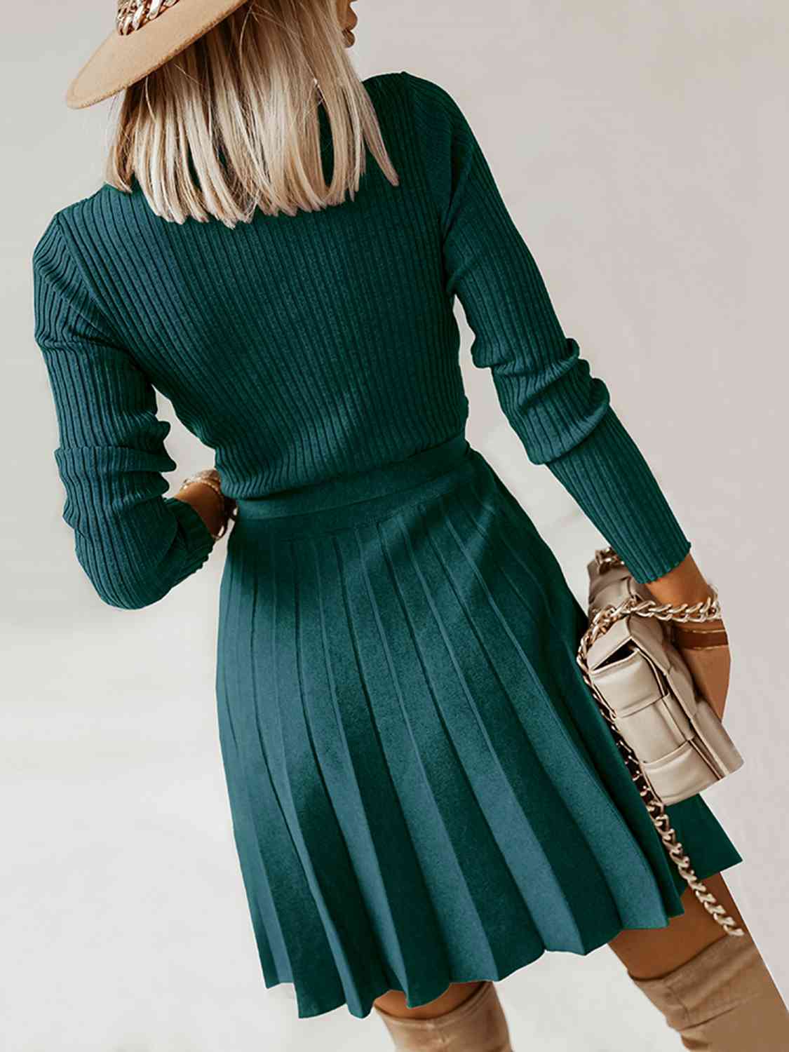 Surplice Neck Tie Front Pleated Sweater Dress   