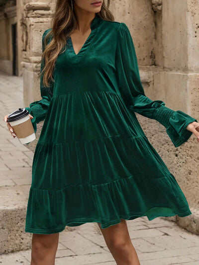 Notched Long Sleeve Tiered Dress Green S 