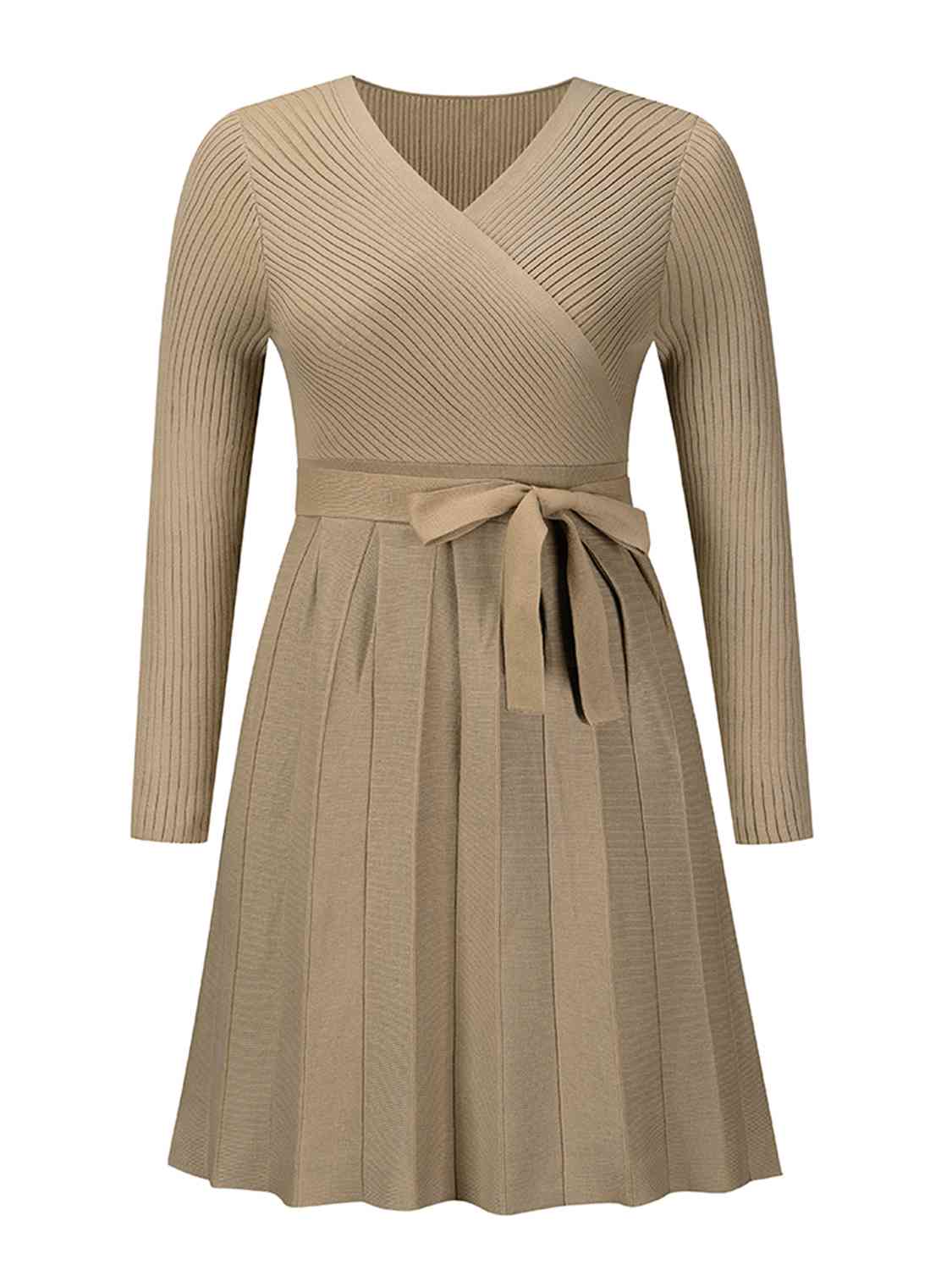 Surplice Neck Tie Front Pleated Sweater Dress   