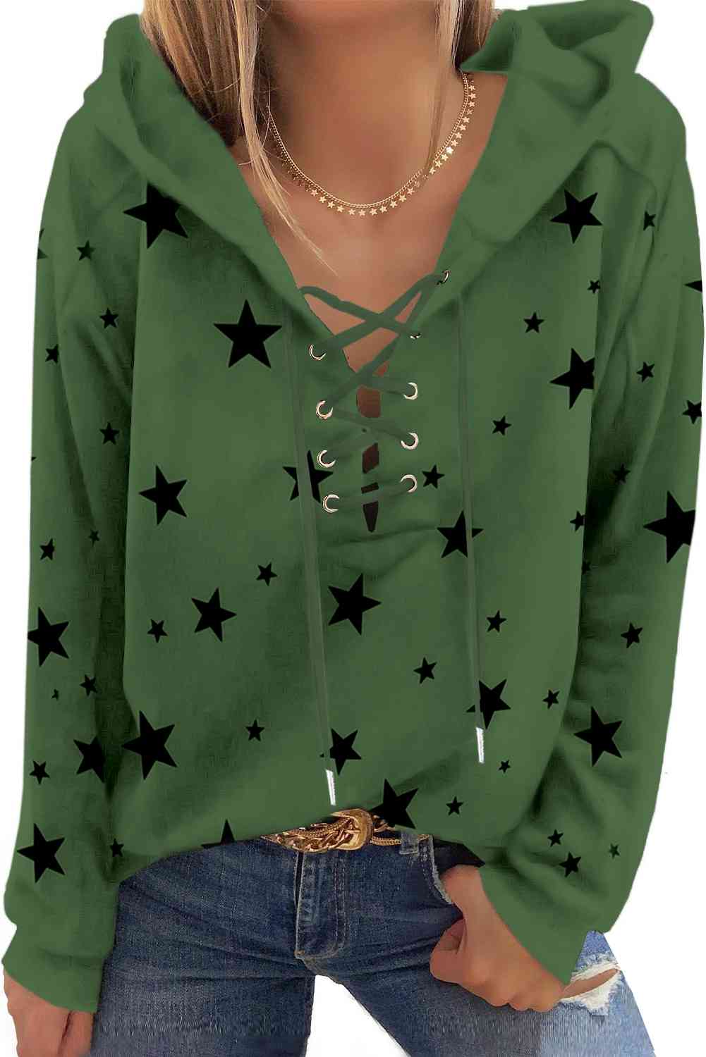 Star Pattern Lace-Up Hoodie   