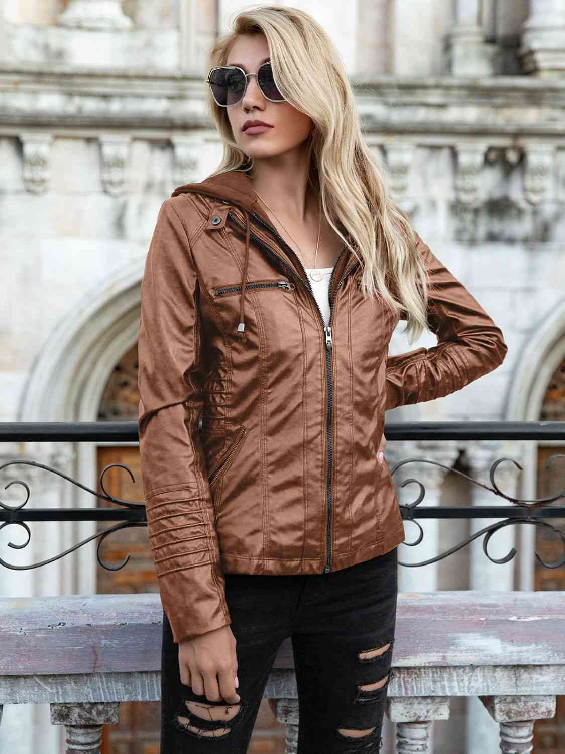 Full Size Zip-Up Hooded PU Jacket Camel XS 