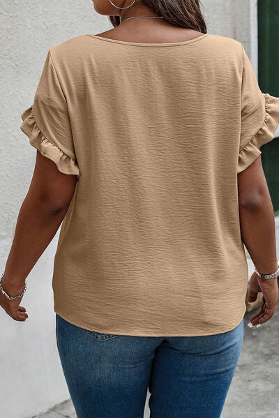 Plus Size Ruffled Petal Sleeve Round Neck T-Shirt   