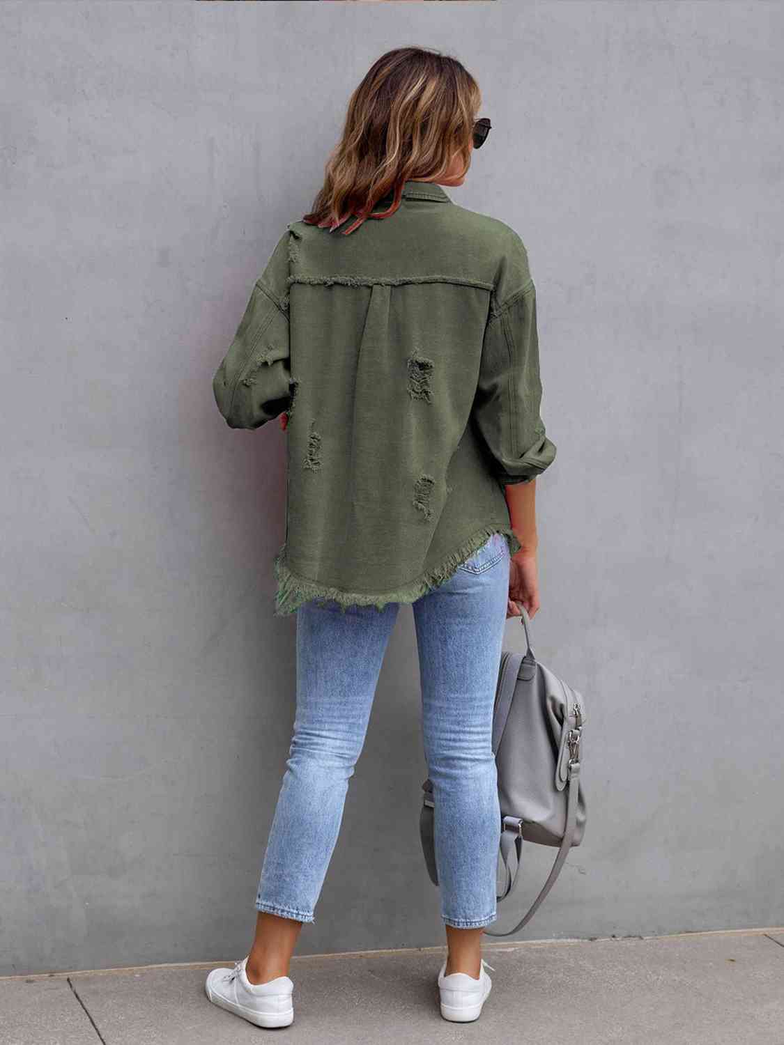 Distressed Drop Shoulder Denim Jacket   