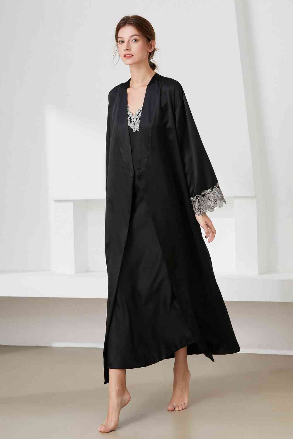 Contrast Lace Trim Satin Night Dress and Robe Set Black M 
