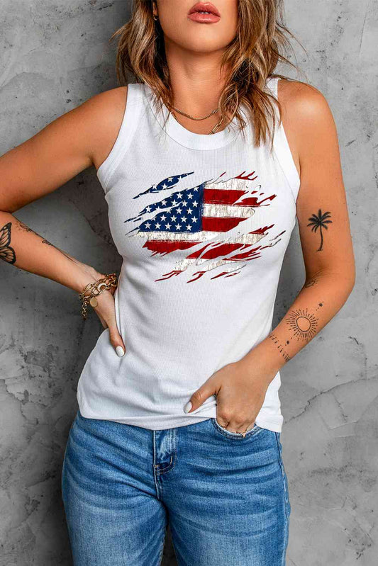 Full Size US Flag Graphic Round Neck Tank White S 