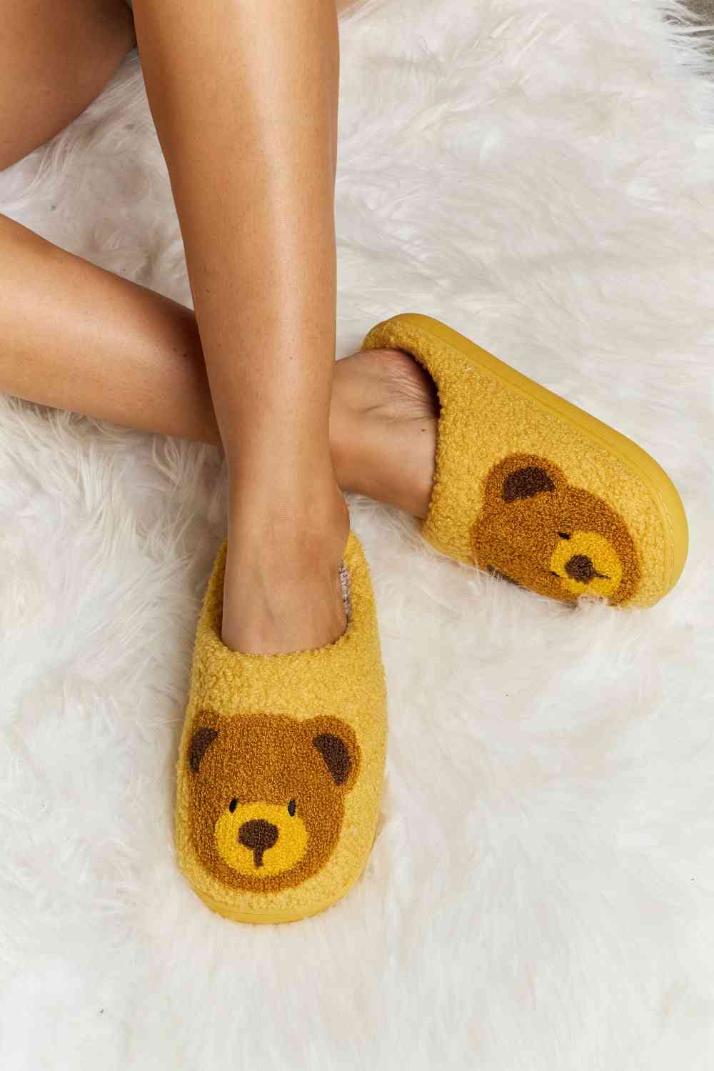 Melody Teddy Bear Print Plush Slide Slippers Mustard S 
