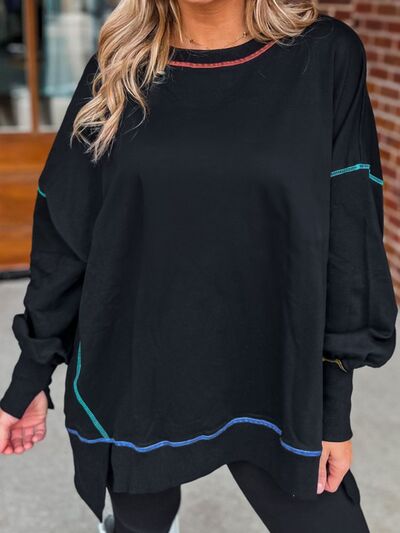 Slit Round Neck Lantern Sleeve Sweatshirt   