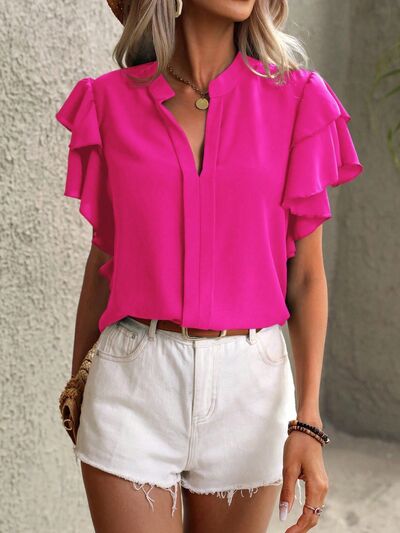 Ruffled Notched Short Sleeve Blouse Hot Pink S 