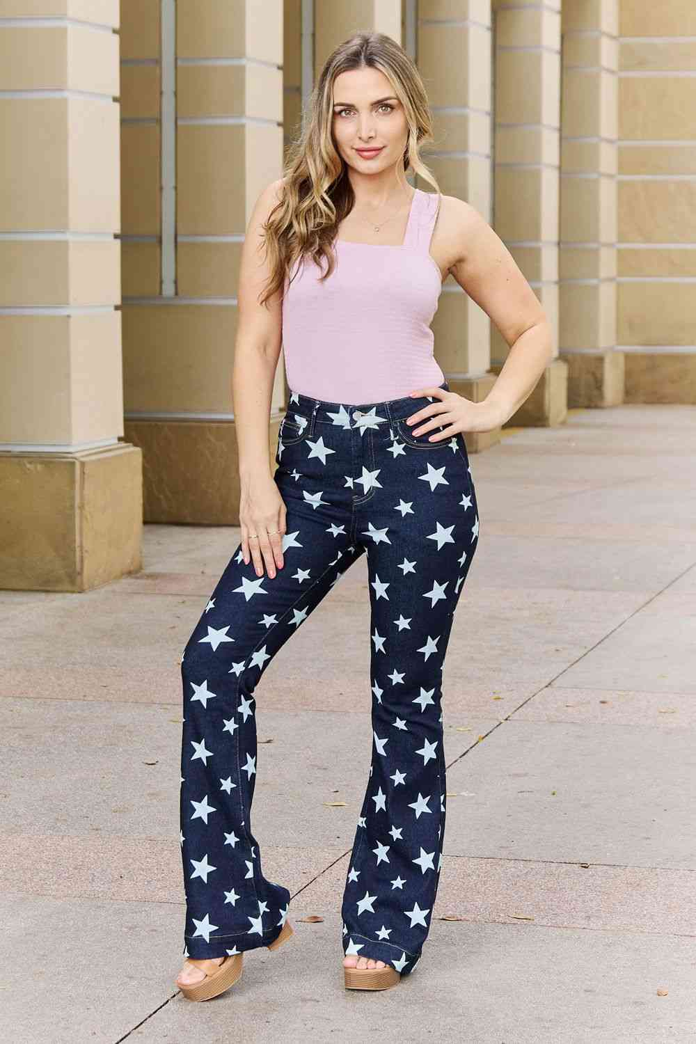 Judy Blue Janelle Full Size High Waist Star Print Flare Jeans   