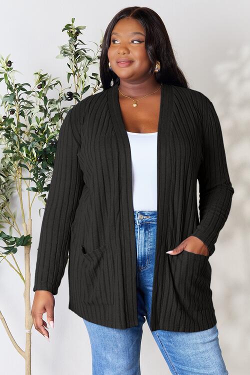 Basic Bae Full Size Ribbed Open Front Cardigan with Pockets Black S 