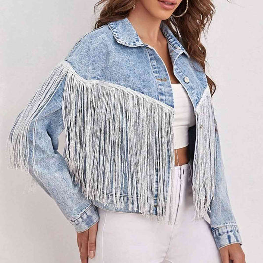 Fringe Detail Collared Neck Long Sleeve Denim Jacket Light XS 