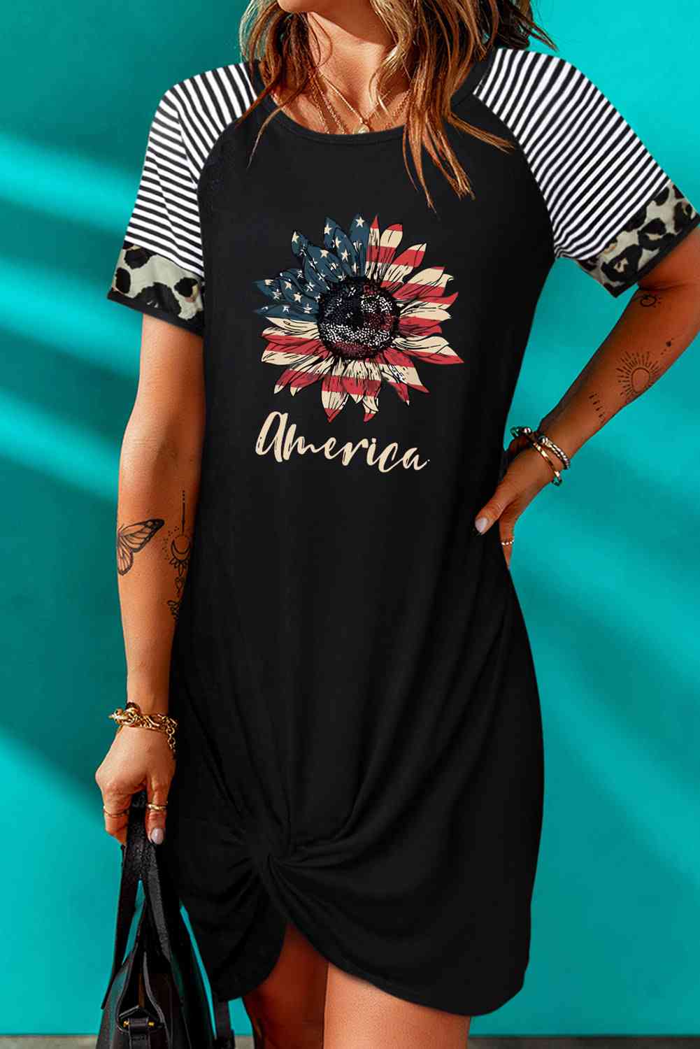 AMERICA US Flag Flower Graphic Twisted Dress Black S 