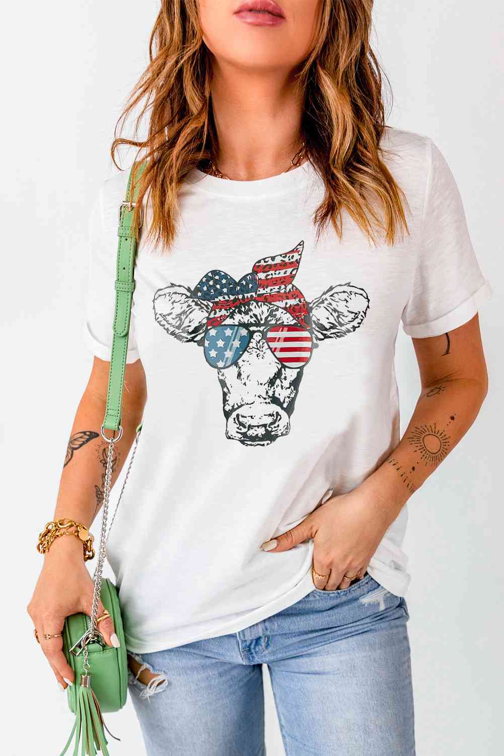 US Flag Cow Graphic Short Sleeve Tee   