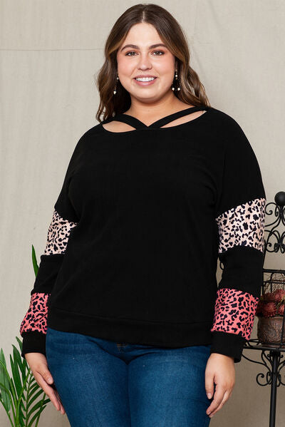 Plus Size Leopard Dropped Shoulder Long Sleeve T-Shirt   