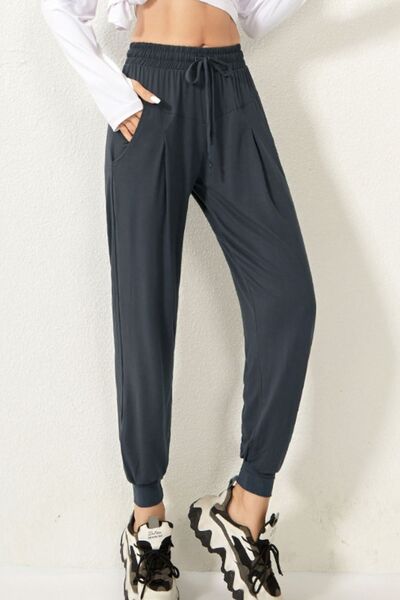 Drawstring High Waist Active Pants French Blue S 