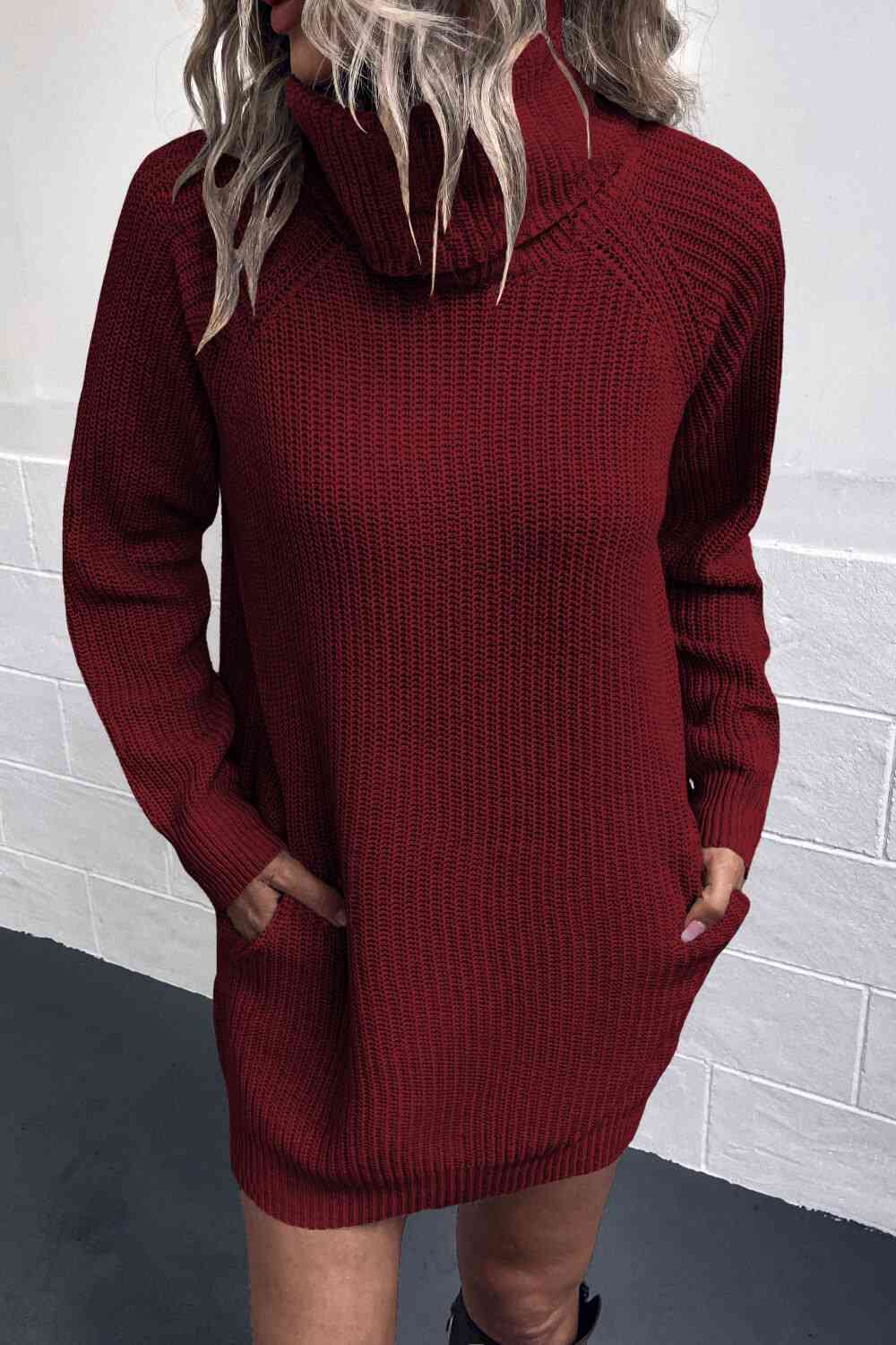 Turtleneck Sweater Dress with Pockets Wine S 