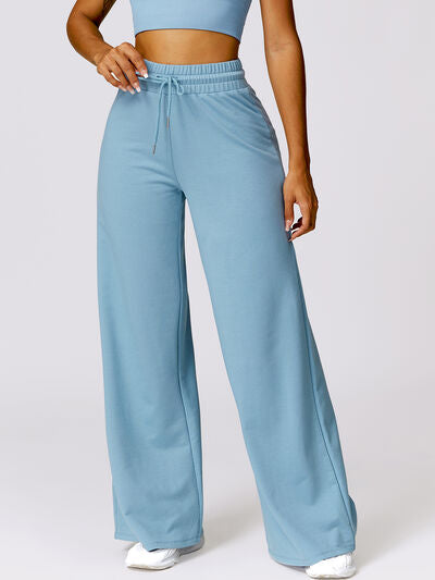 Drawstring High Waist Active Pants Pastel  Blue S 