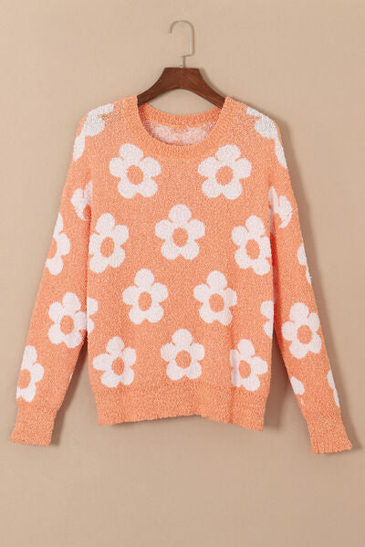 Flower Round Neck Dropped Shoulder Sweater   