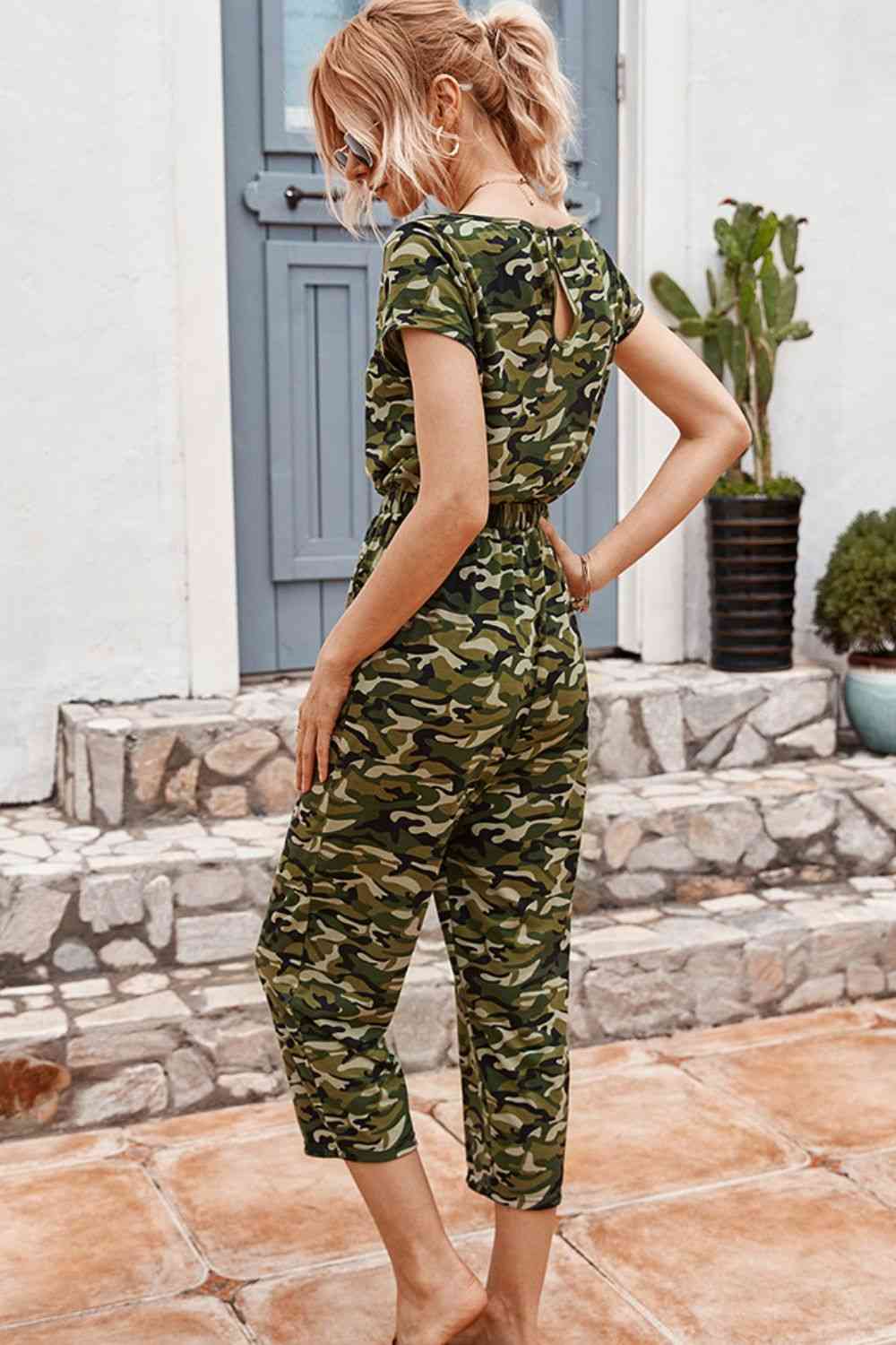 Camouflage Drawstring Crop Leg Jumpsuit   